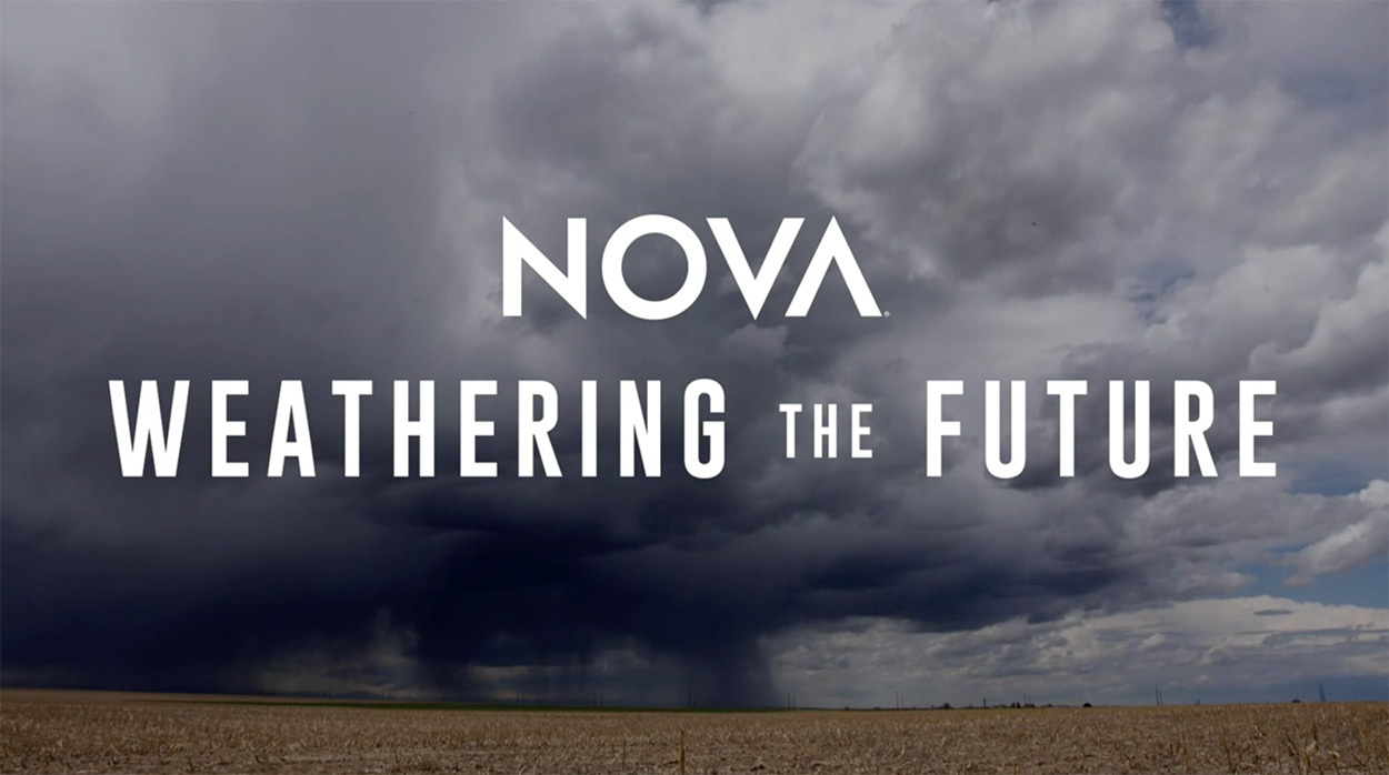 NOVA logo with Weathering the Future title over serious gray thunder clouds.